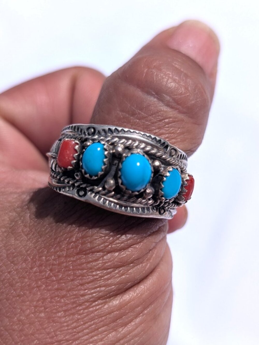 Navajo Sterling Silver Turquoise Ring Sz.14 Signed Dine Begaye Native American